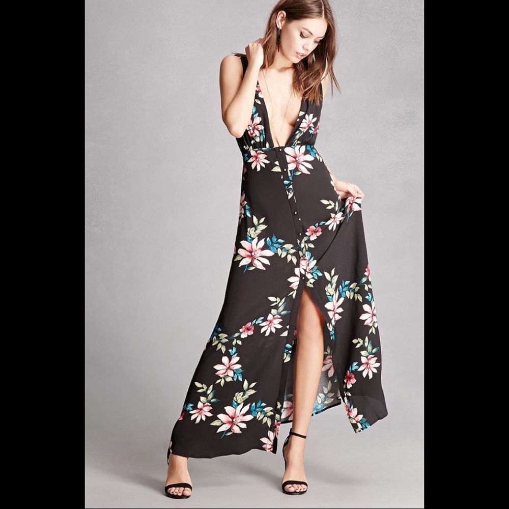 Plunged Floral Dress